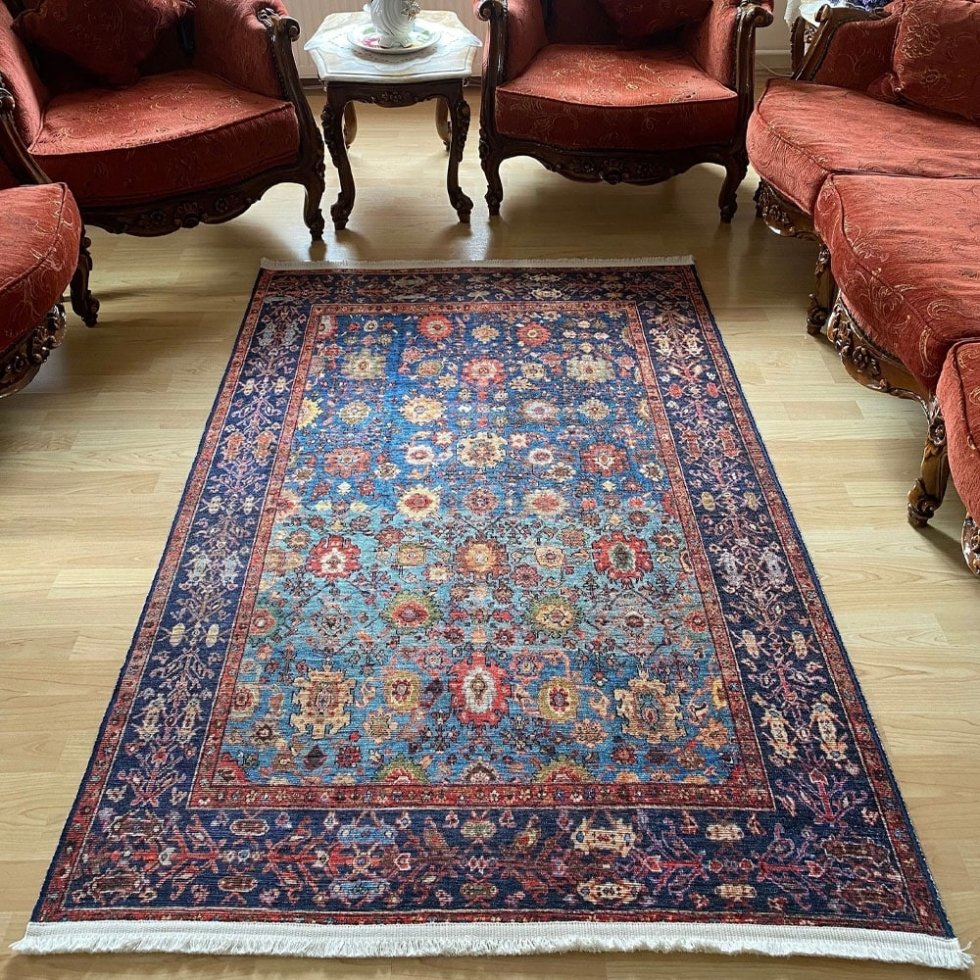 Tappeto blu orientale in stile kilim lavabile