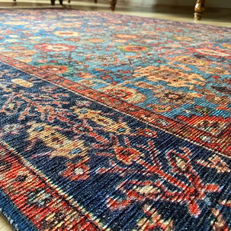 Tappeto blu orientale in stile kilim lavabile