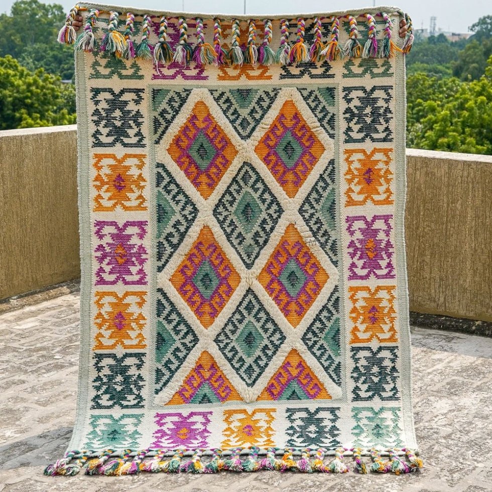 Tappeto kilim tradizionale verde e giallo