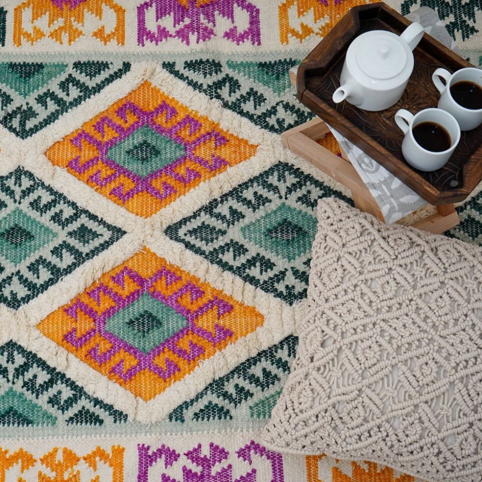 Tappeto kilim tradizionale verde e giallo