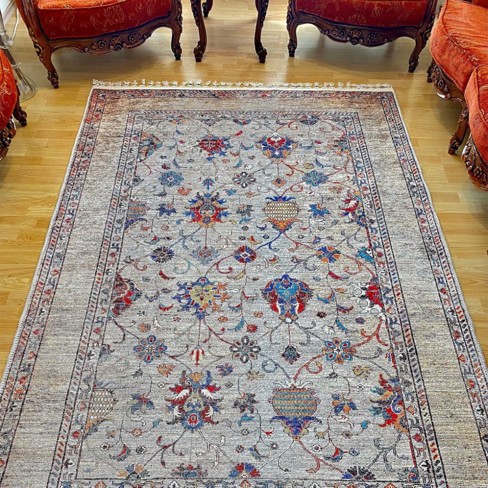 Tappeto turco grigio in stile kilim lavabile