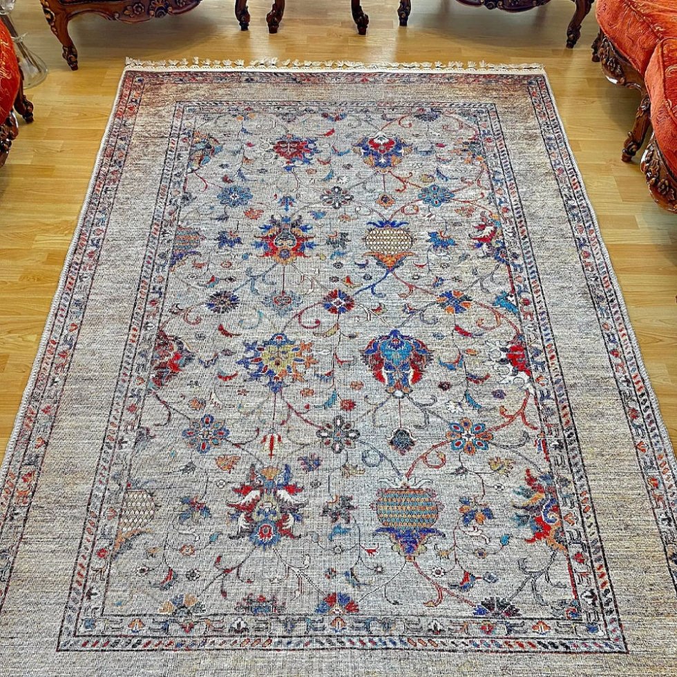 Tappeto turco grigio in stile kilim lavabile