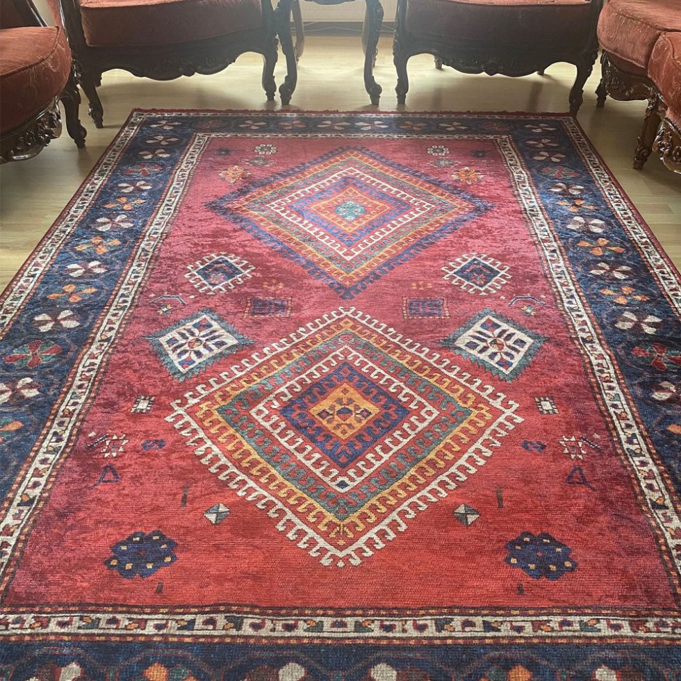 Tappeto lavabile in stile kilim Aubusson rosso