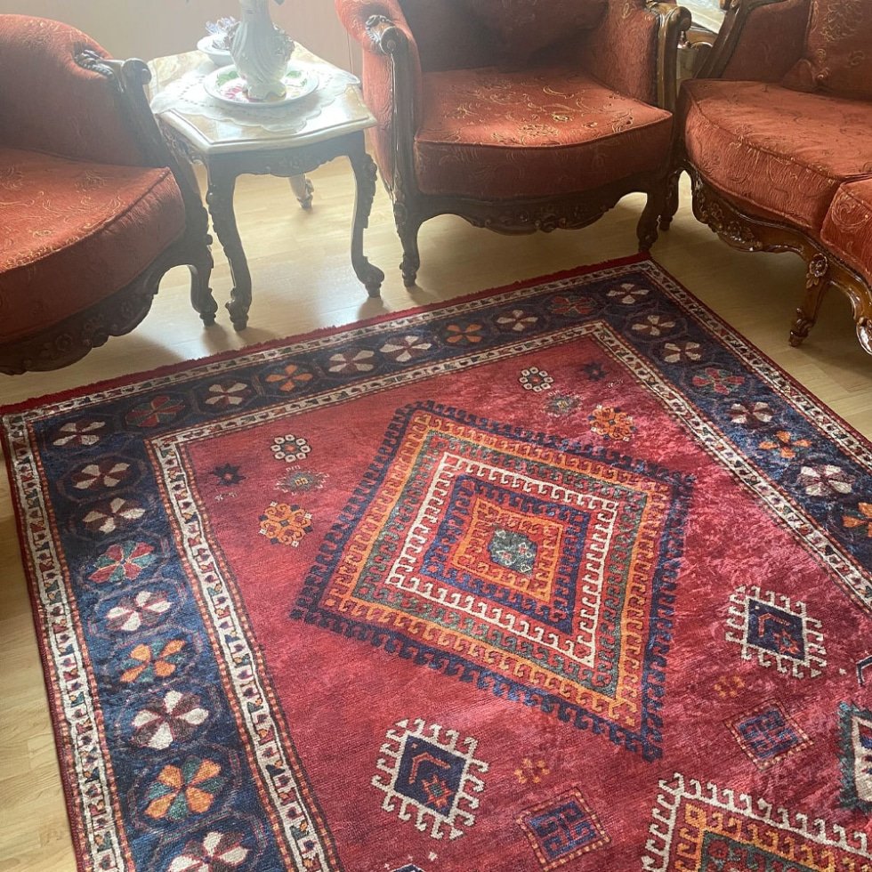 Tappeto lavabile in stile kilim Aubusson rosso