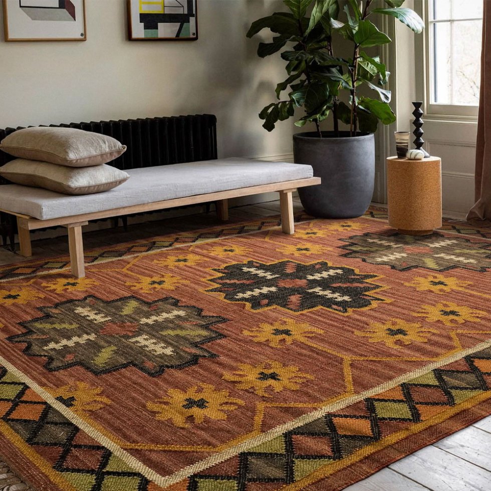 Tapis kilim rouge délavé de style navajo