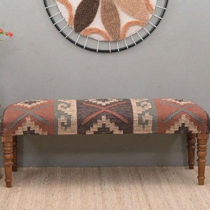 Panca orientale in lana e juta con pouf in kilim