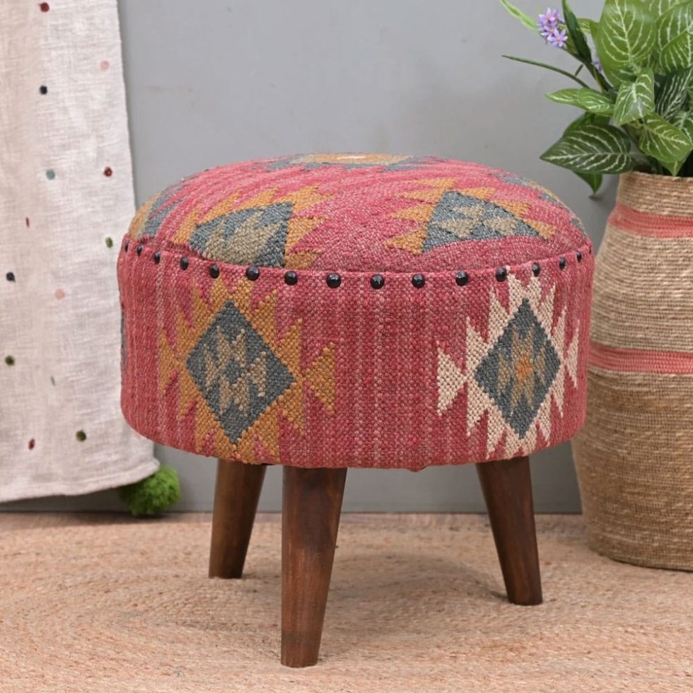 Pouf poggiapiedi kilim rotondo rosso