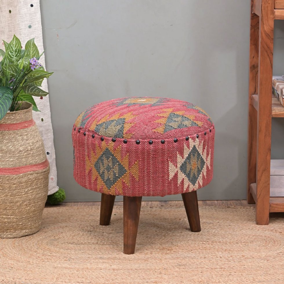 Pouf poggiapiedi kilim rotondo rosso
