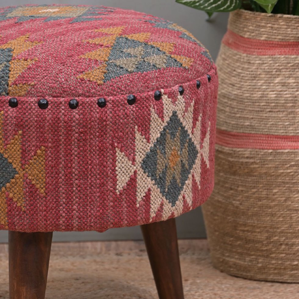 Pouf poggiapiedi kilim rotondo rosso