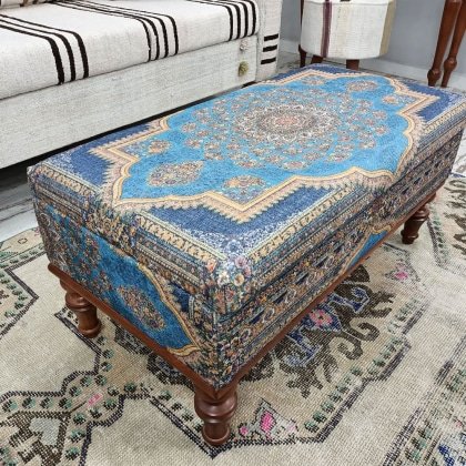 Tavolino da caffè turco kilim blu con portaoggetti