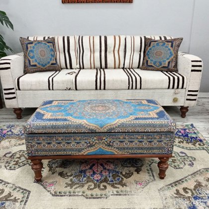 Tavolino da caffè turco kilim blu con portaoggetti