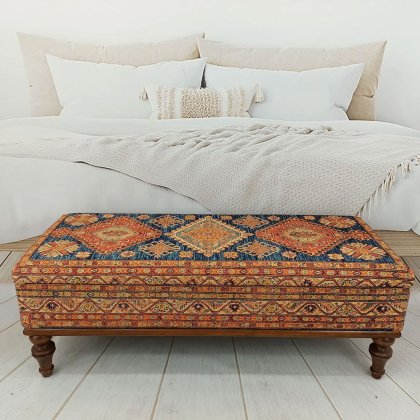 Tavolino da caffè kilim turco blu e arancione con portaoggetti