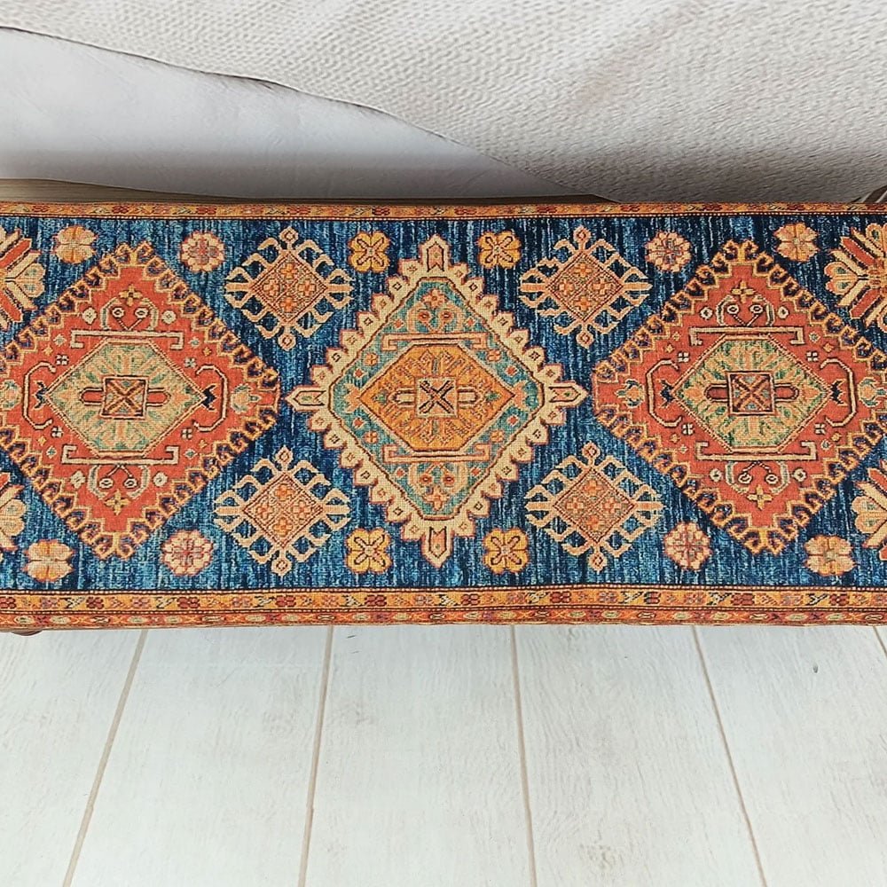 Tavolino da caffè kilim turco blu e arancione con portaoggetti Tavolino da caffè kilim turco blu e arancione con portaoggetti