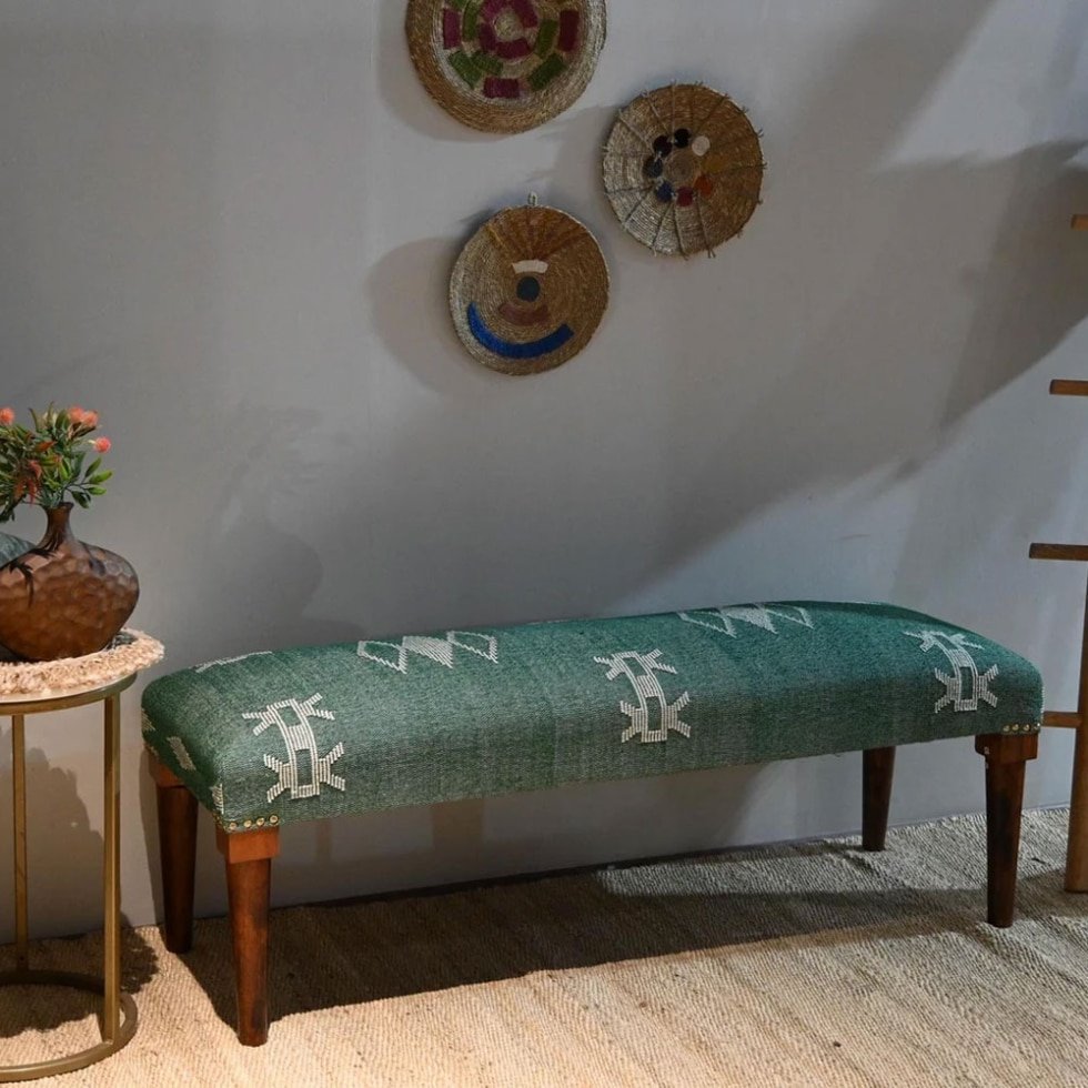 Panca con pouf kilim verde