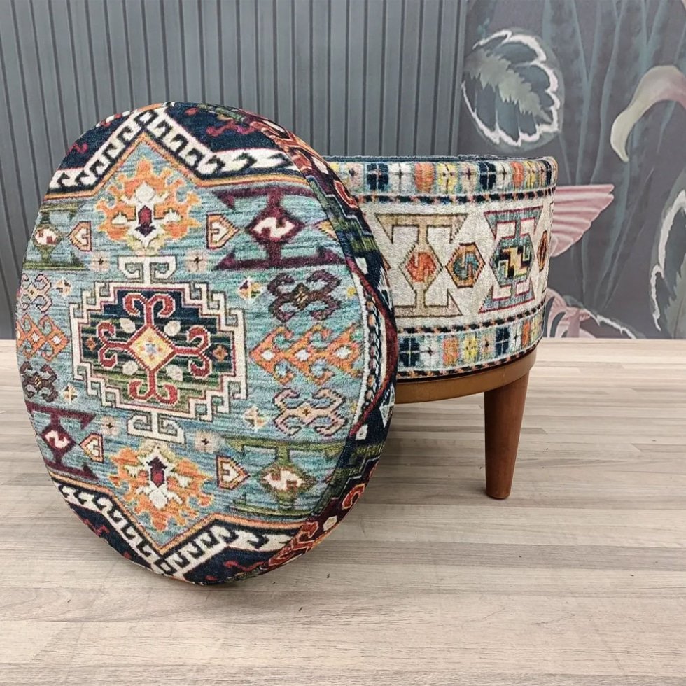 Pouf rotondo in kilim turco con contenitore