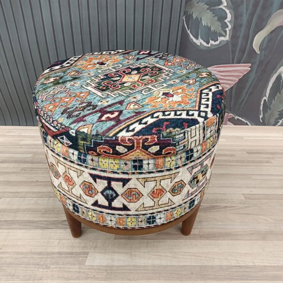 Pouf rotondo in kilim turco con contenitore