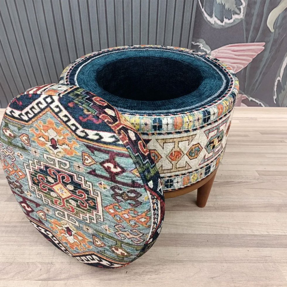 Pouf rotondo in kilim turco con contenitore