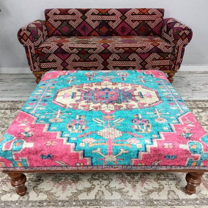 Tavolino da caffè turco kilim verde acqua e rosa