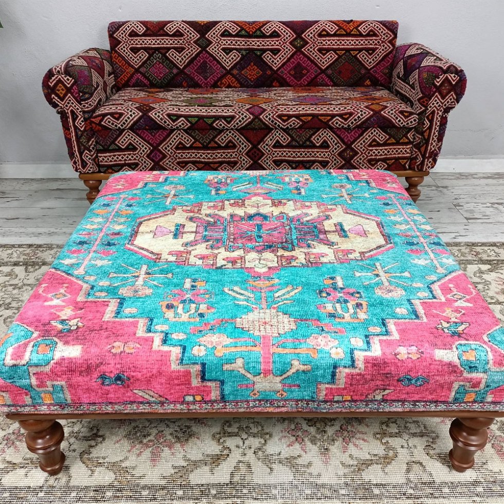 Tavolino da caffè turco kilim verde acqua e rosa