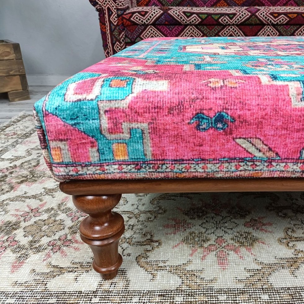 Tavolino da caffè turco kilim verde acqua e rosa