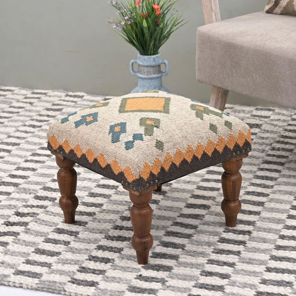 Pouf sgabello kilim quadrato bianco