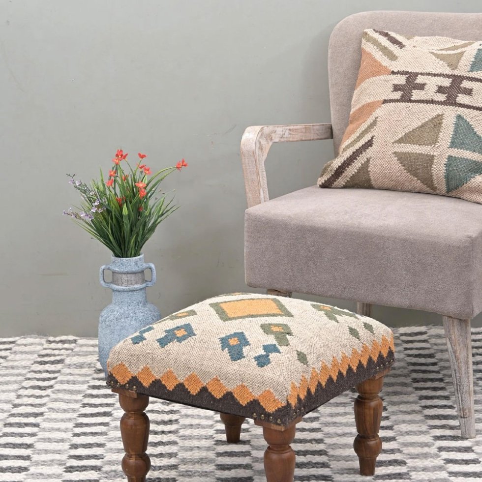 Pouf sgabello kilim quadrato bianco